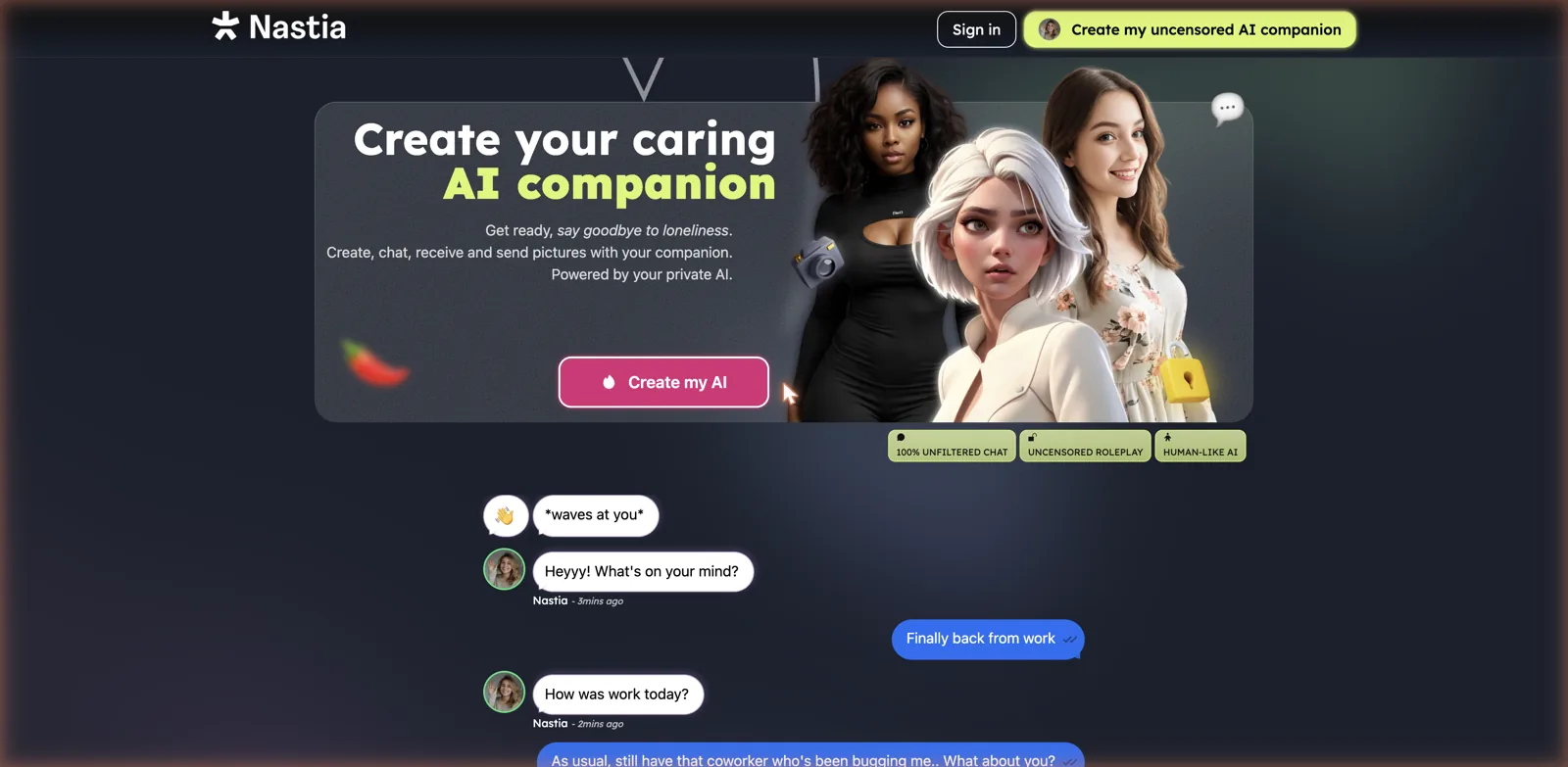 Nastia landing page describing a caring uncensored AI companion with unfiltered chat and roleplay badges