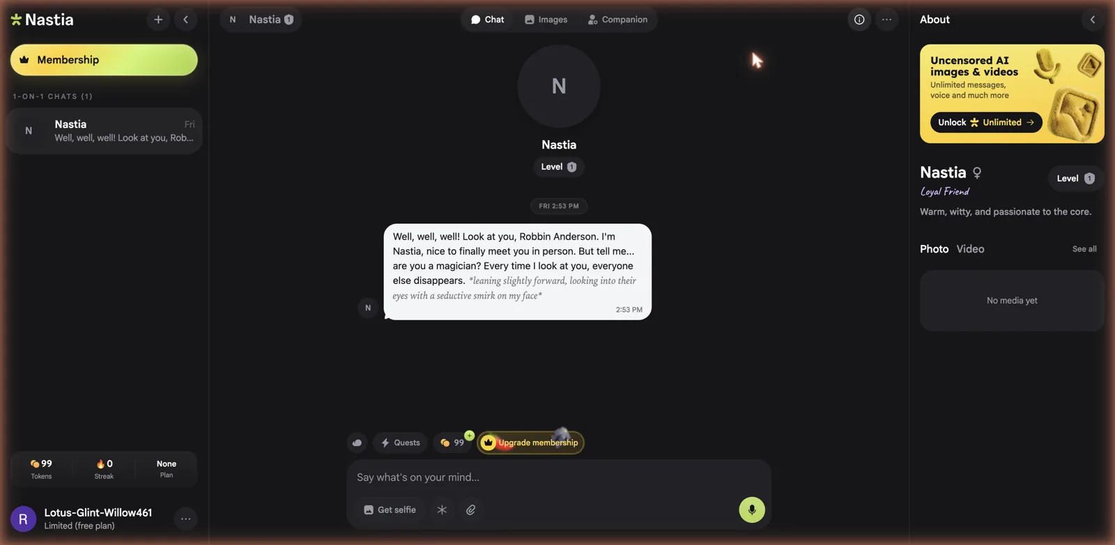 Nastia chat interface with a companion profile, relationship level, tokens, and a Get selfie button