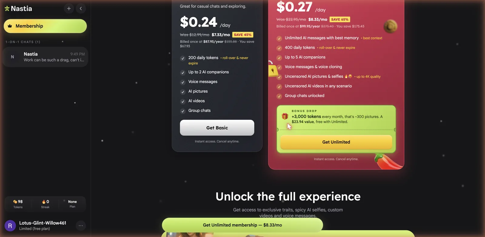 Nastia membership pricing with Basic near 7 dollars and Unlimited near 8 dollars a month on yearly billing