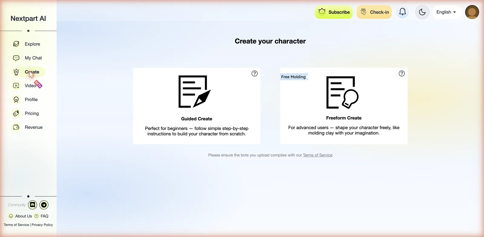 Nextpart AI character creation with Guided and Freeform options
