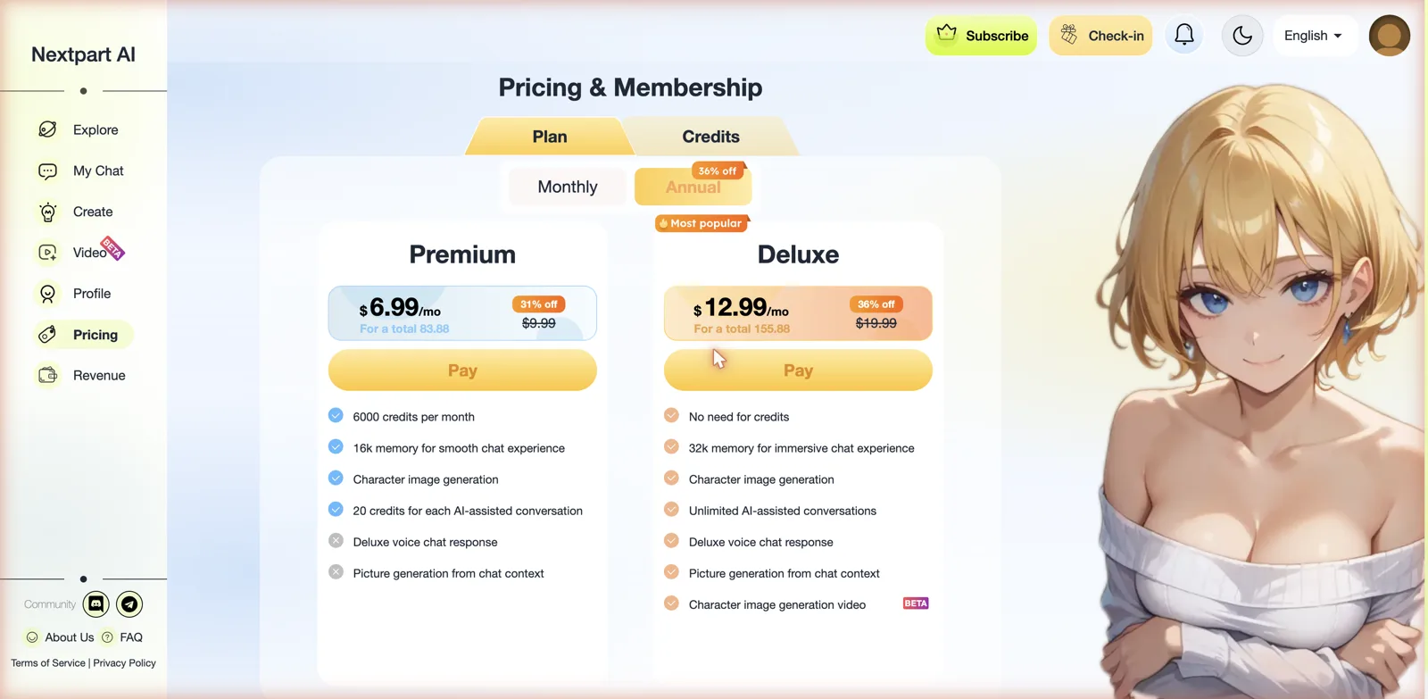 Nextpart AI character marketplace and pricing pricing screenshot