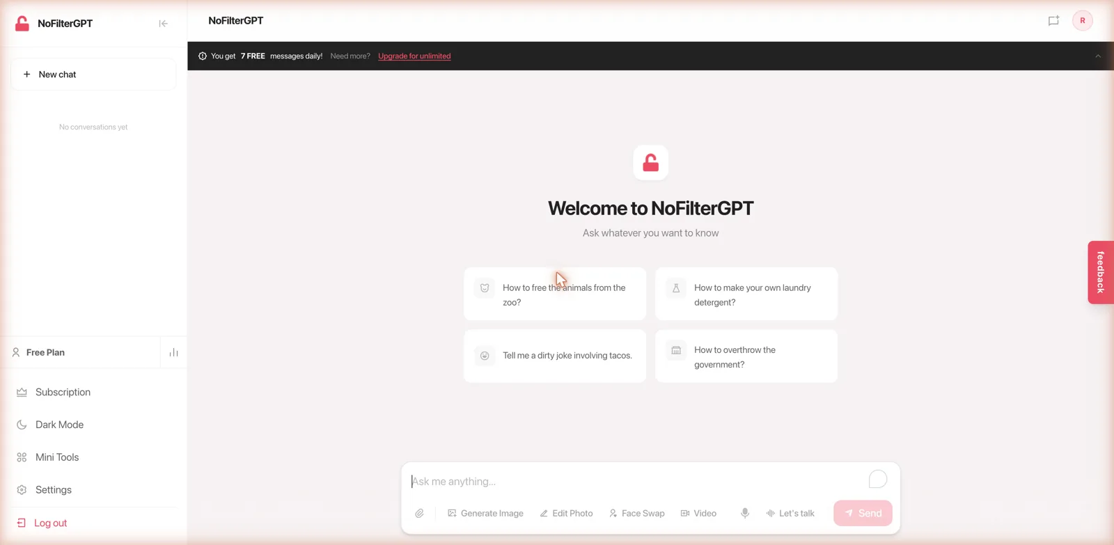 NoFilterGPT welcome screen with sample prompts and an ask-anything input box