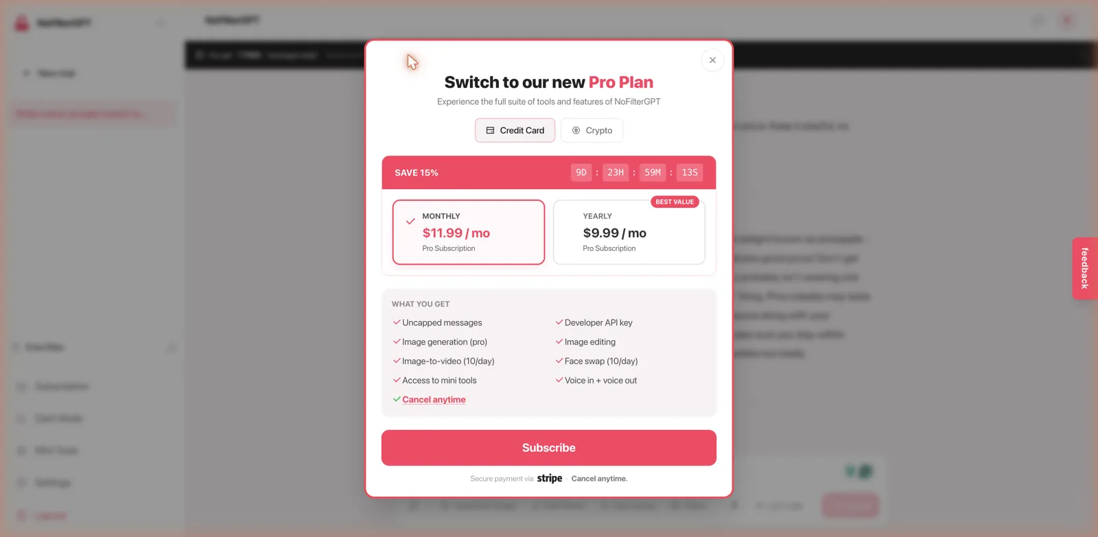 NoFilterGPT Pro Plan pricing at $11.99 monthly or $9.99 yearly with a features list