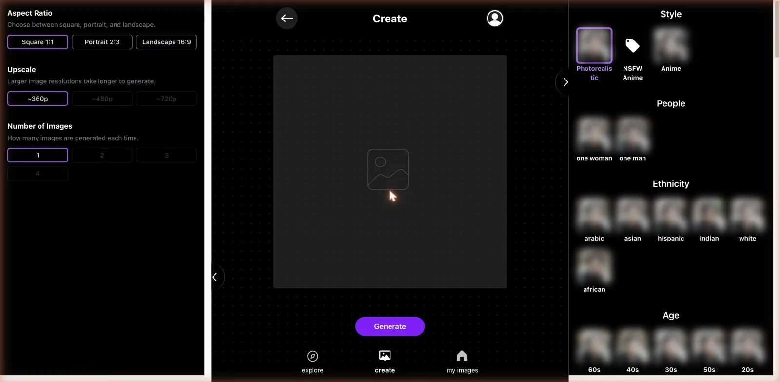 Nonolo.ai create page with tag-based image generation presets