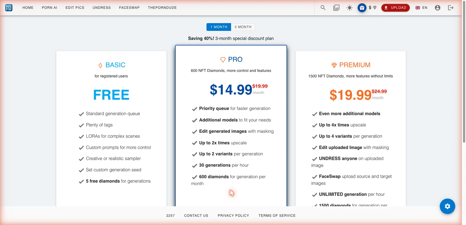 NSFW.xxx pricing page showing Basic free tier, Pro at $14.99/mo, and Premium at $19.99/mo
