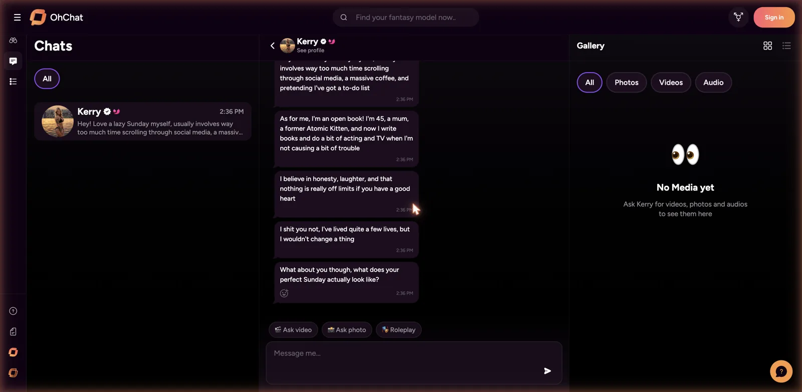 OhChat conversation with an AI character showing a warm in-character reply and a gallery panel