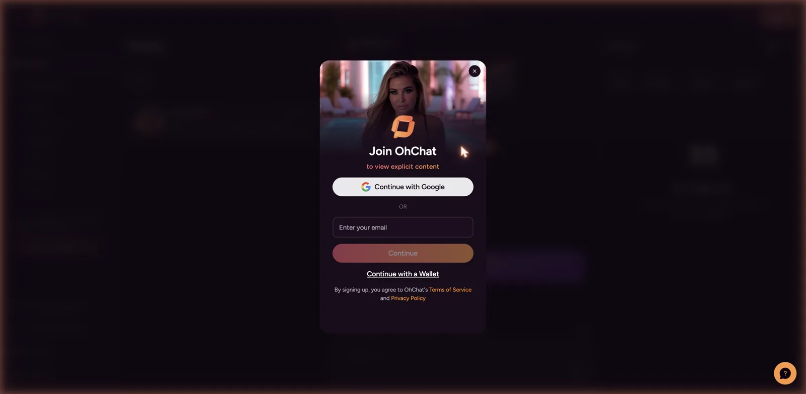 OhChat Join to view explicit content sign-in wall with Google, email and wallet options