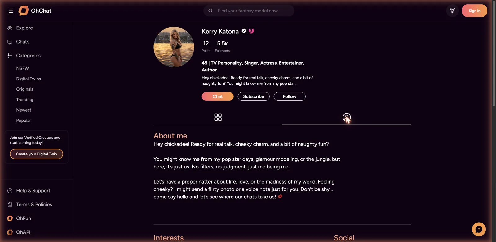 OhChat character profile styled like a creator subscription page with About me, Subscribe and Follow