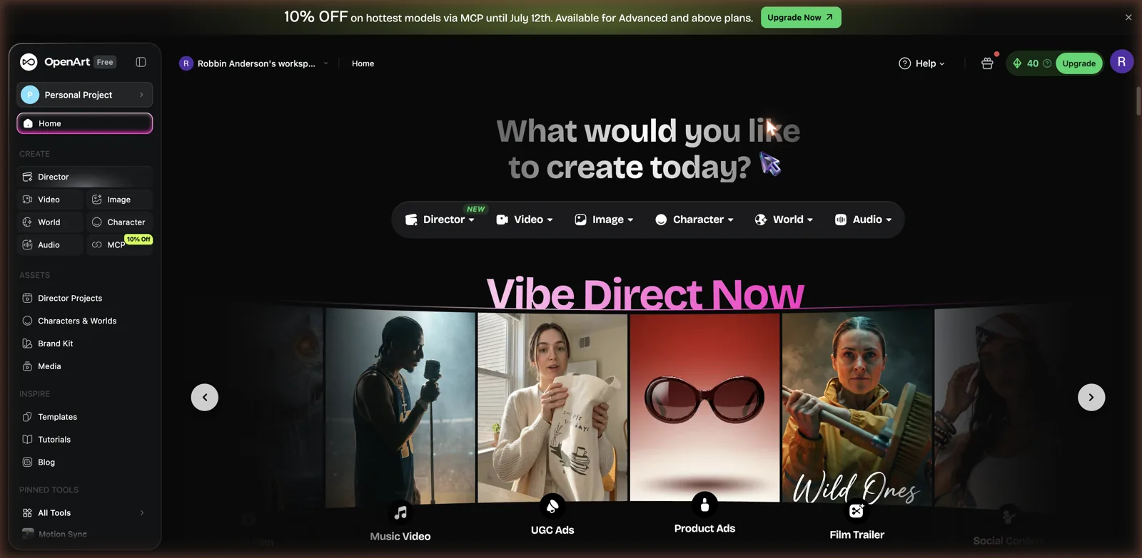OpenArt home screen showing a creator studio with Director, Video, Image, Character, World, and Audio tools