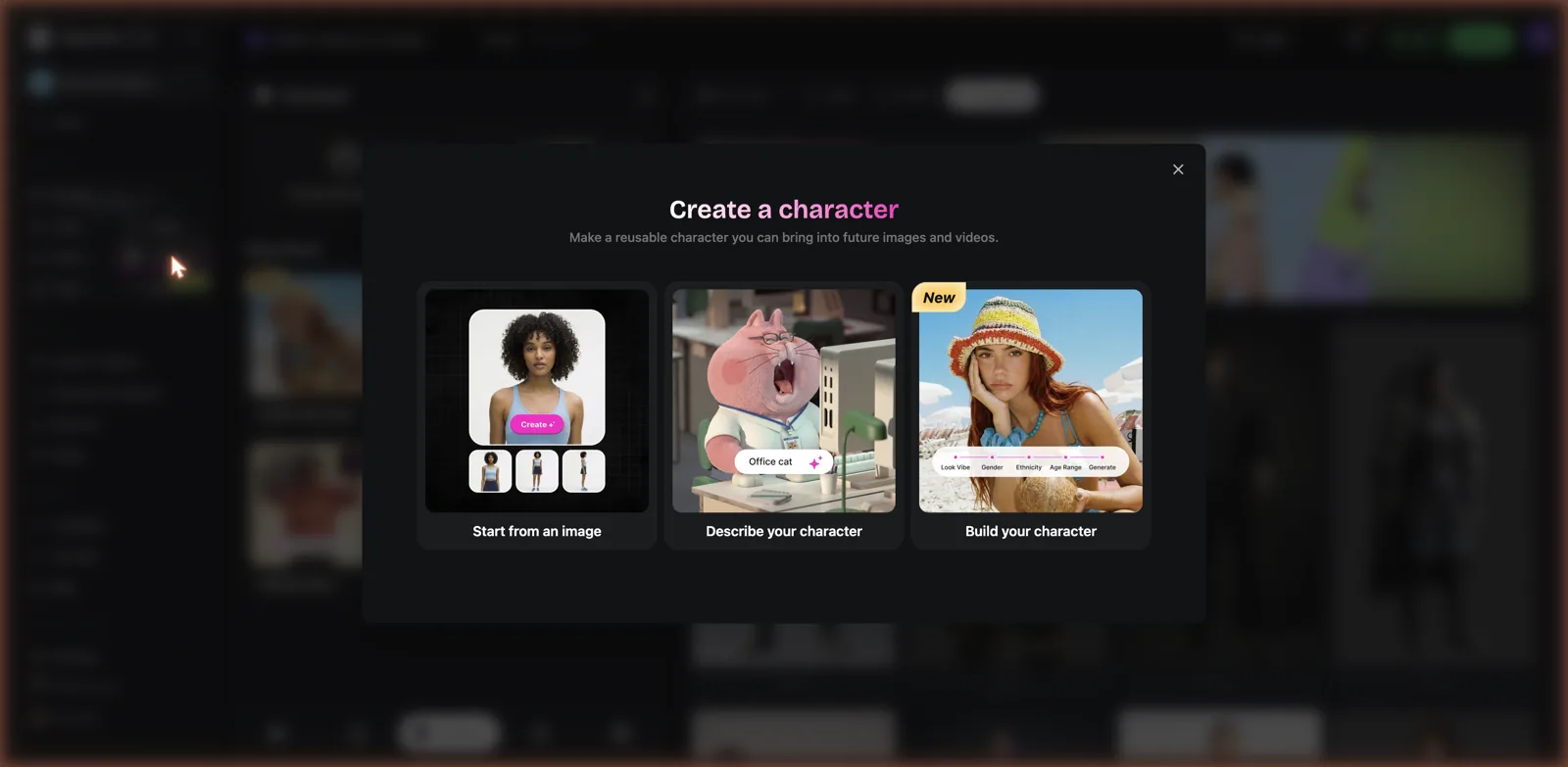 OpenArt Create a Character screen offering start from an image, describe your character, or build your character