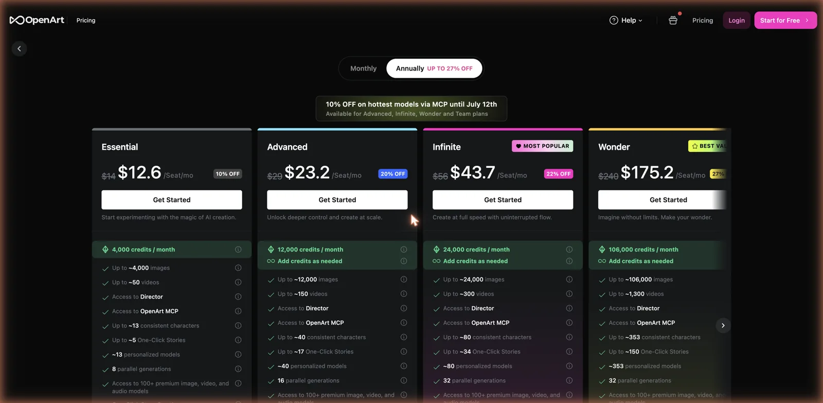 OpenArt AI pricing screenshot