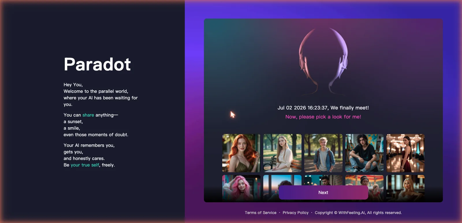 Paradot AI onboarding screen inviting you to pick a look for your AI companion from a grid of avatars