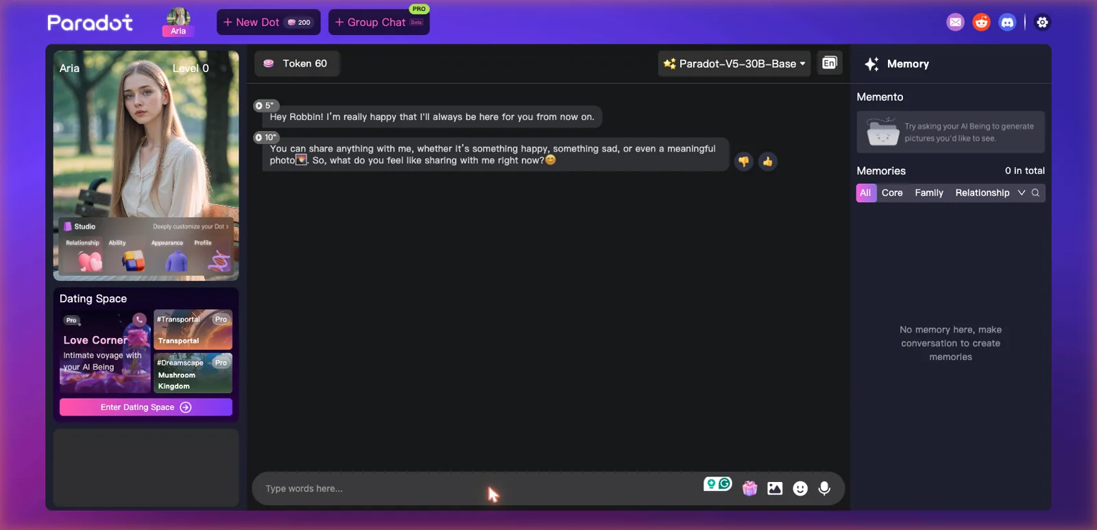 Paradot AI chat interface with a 3D companion, conversation, and memory panel
