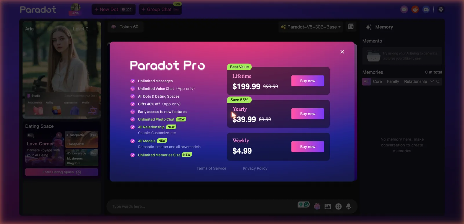 Paradot AI pricing page screenshot