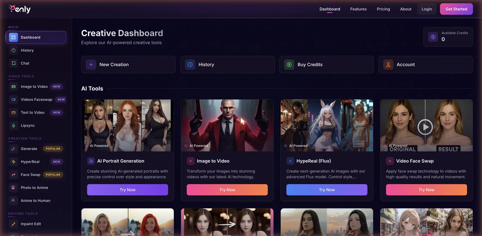 Penly creative dashboard with a left menu of video, creation and editing tools and AI tool cards for portrait generation, image to video, face swap