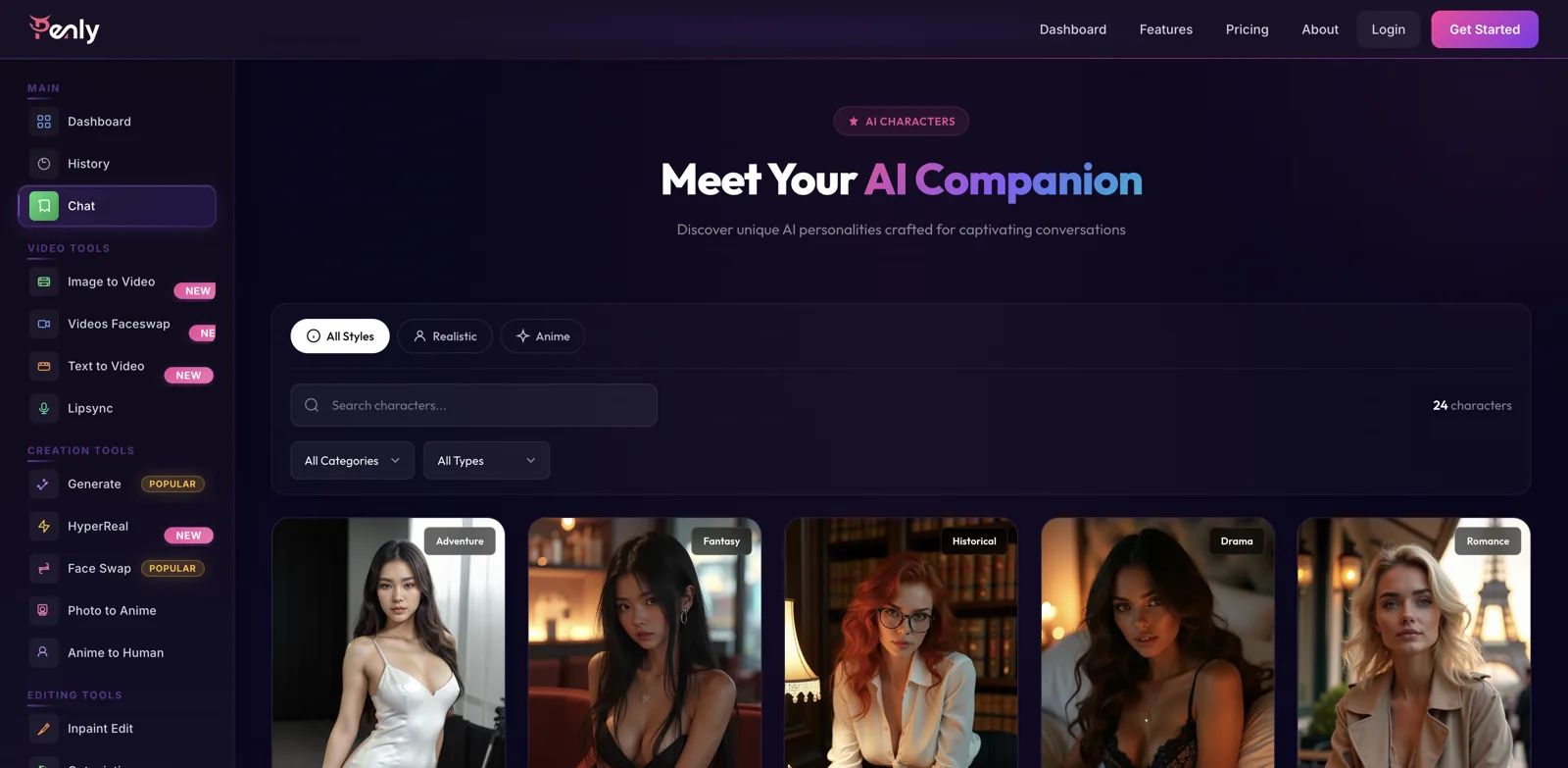 Penly Meet Your AI Companion page with a couple of dozen characters filterable by realistic or anime style and category