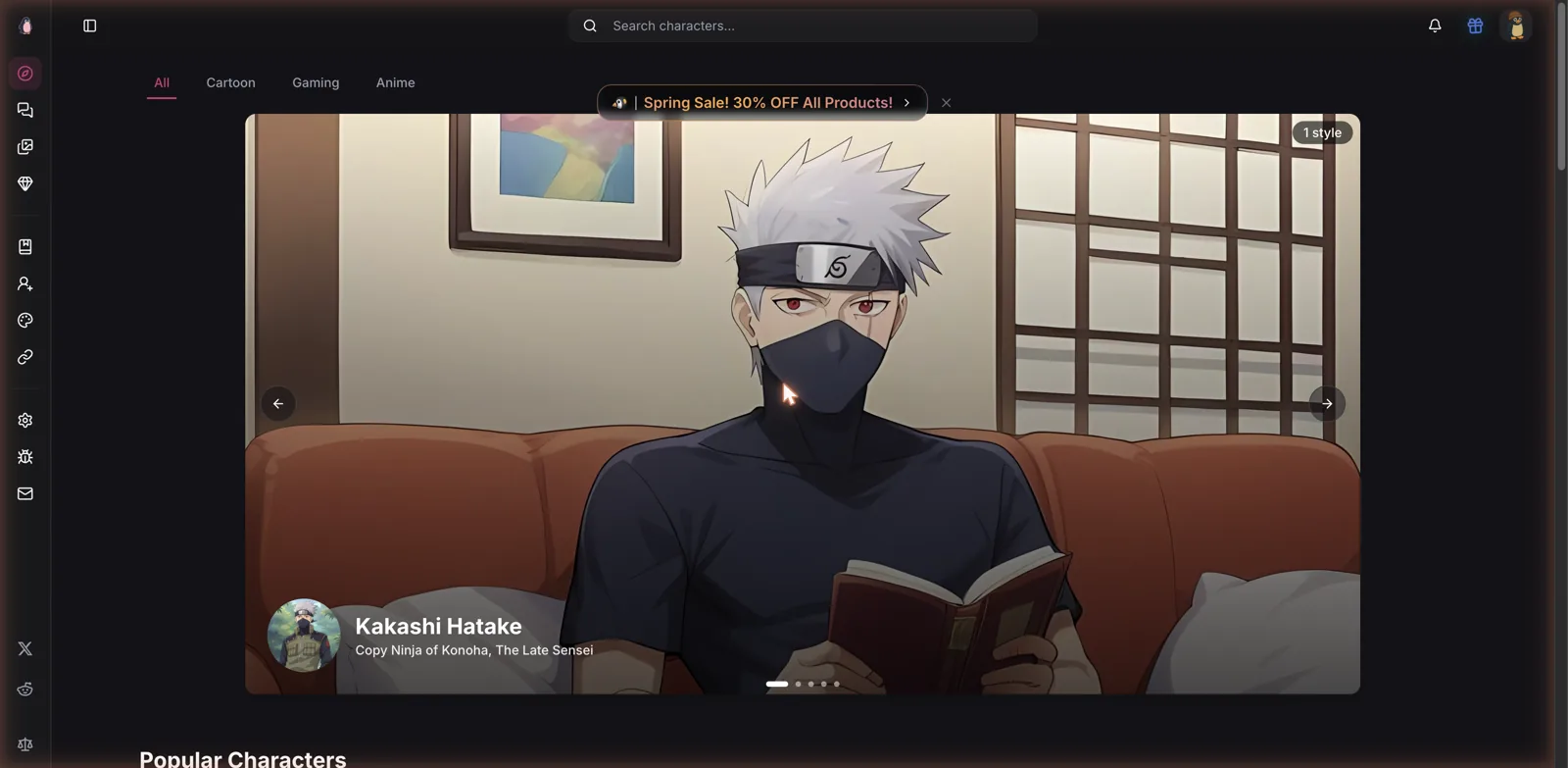 Pinku.ai home page with anime and fandom AI characters and Cartoon, Gaming and Anime tabs