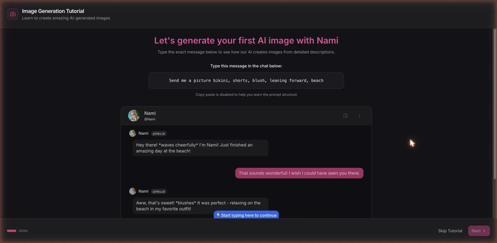 Pinku.ai tutorial teaching the in-chat image prompt structure with comma-separated tags