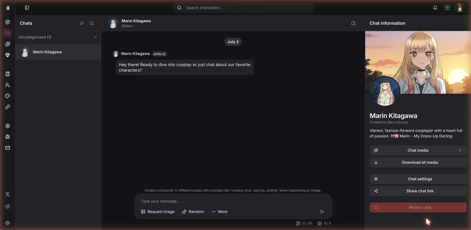 Pinku.ai roleplay chat with a community-created character and Request image and Random buttons