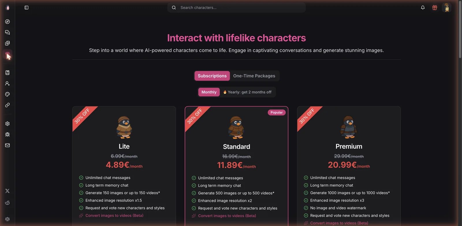 Pinku.ai subscription pricing Lite Standard Premium in euros with image and video quotas