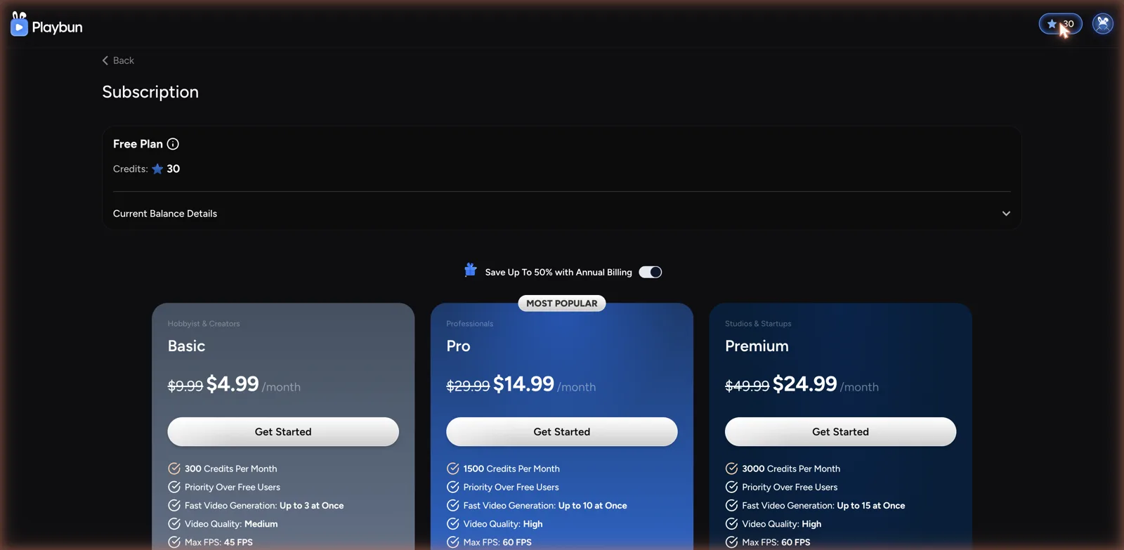 Playbun subscription pricing plans