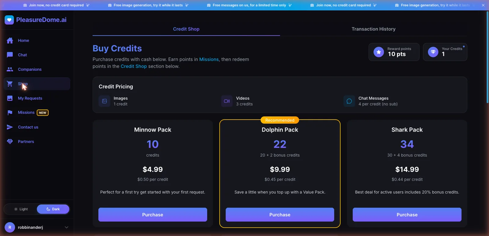 PleasureDome credit shop with Minnow, Dolphin, and Shark credit packs and per-action credit pricing