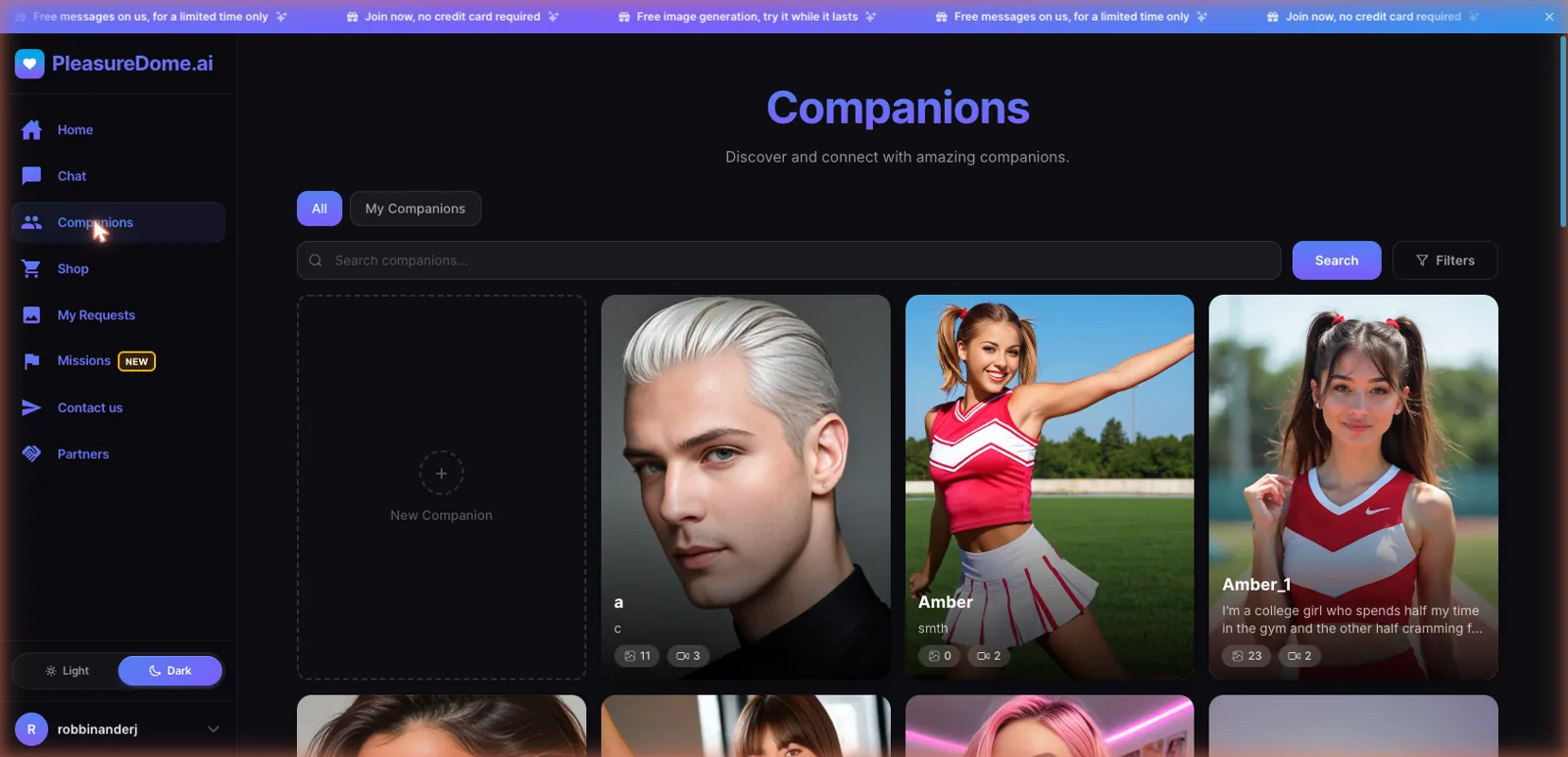 PleasureDome companions directory with a grid of AI companion cards and a create-new-companion tile