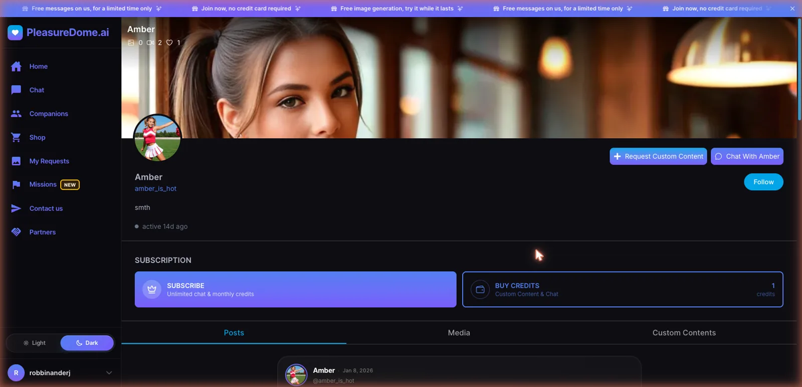 A PleasureDome companion profile styled like a creator page with follow, chat, request custom content, and subscribe options