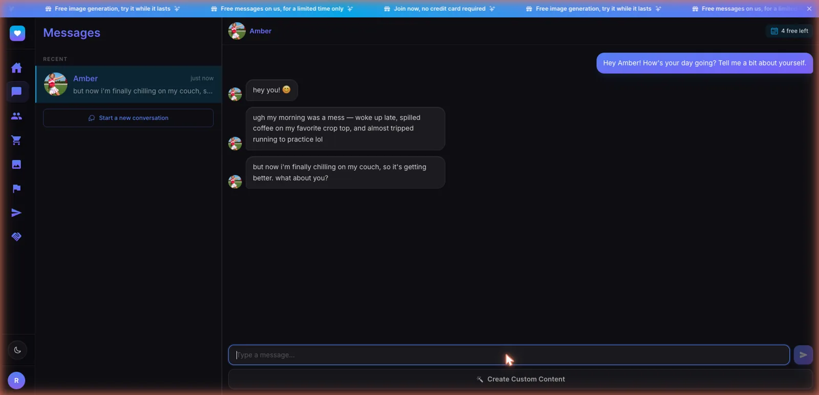 PleasureDome chat with a companion replying in a natural texting style across short message bubbles