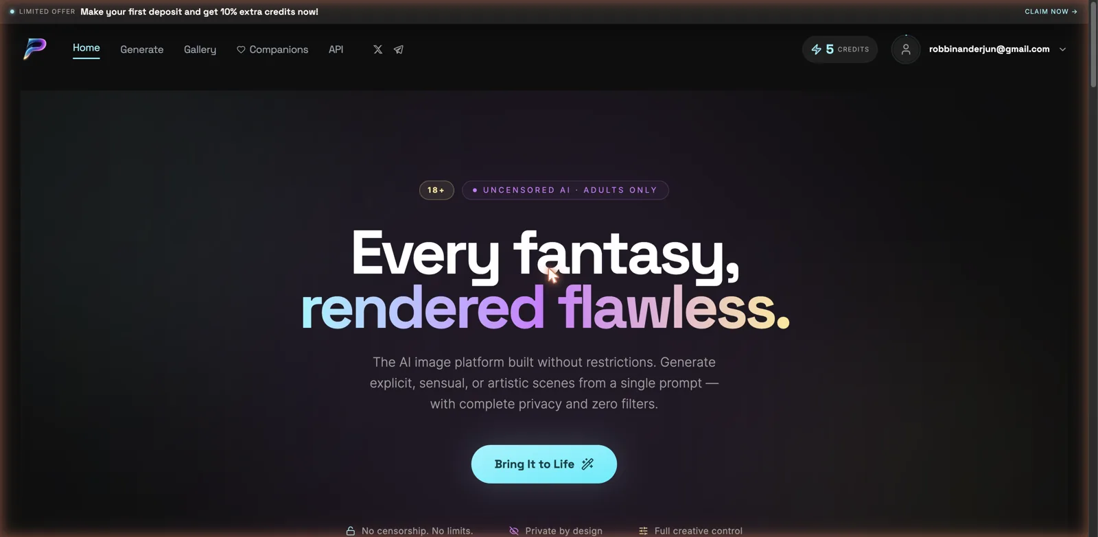 Pornderful.ai homepage tagline every fantasy rendered flawless, uncensored adults-only AI image platform