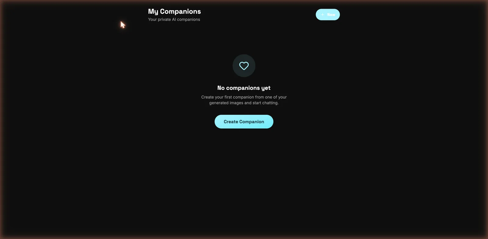 Pornderful.ai companions empty state: create a companion from one of your generated images and chat