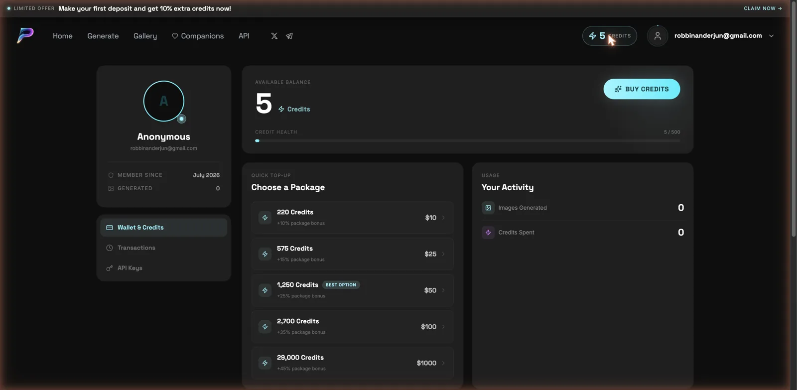 Pornderful credit packages from 10 dollars for 220 credits to 1000 dollars for 29000 credits