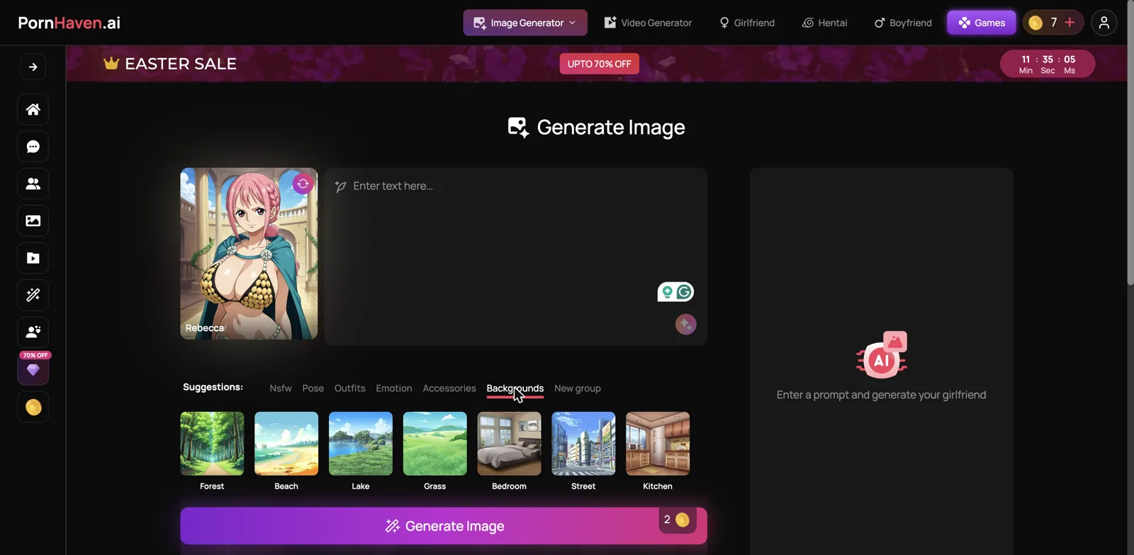 PornHaven AI image generator with a character, prompt box, and background suggestion chips