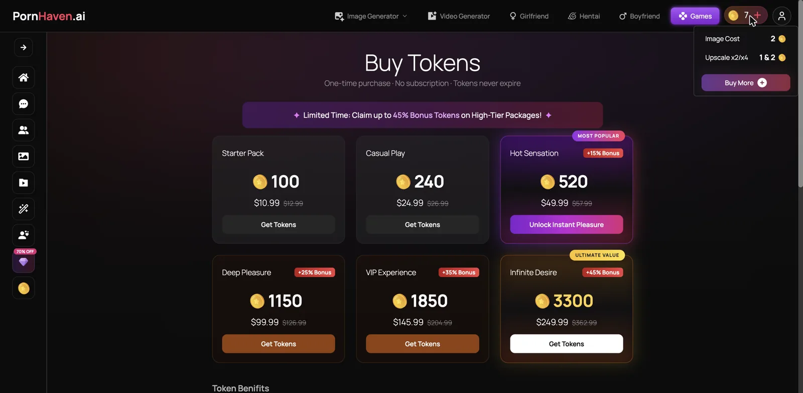 PornHaven AI token packs, a one-time purchase with no subscription