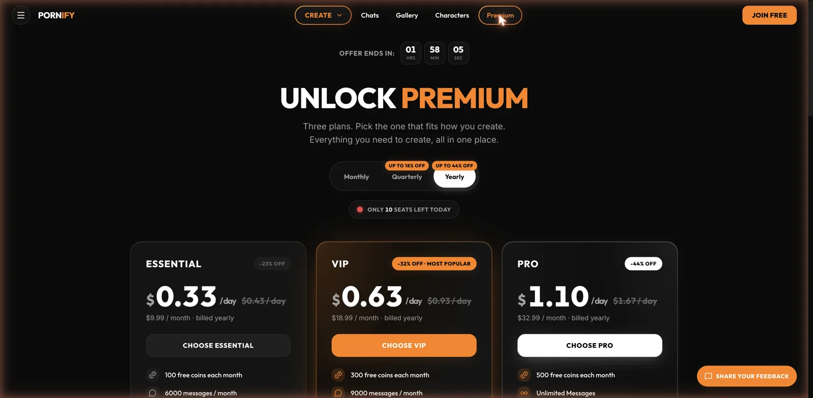 Pornify premium pricing with Essential, VIP, and Pro plans plus a countdown timer and scarcity badges
