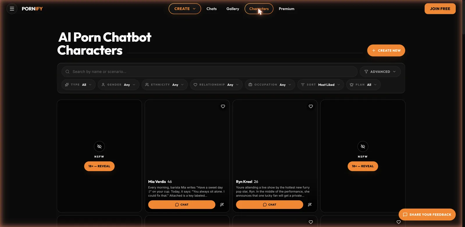 Pornify AI chatbot characters library with filters for type, gender, ethnicity, relationship, and occupation; NSFW thumbnails blurred