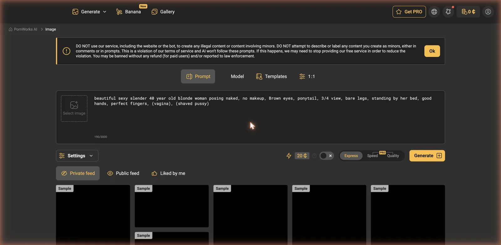 PornWorks generator with Prompt, Model and Templates tabs, a prompt box, speed modes and a per-generation credit cost