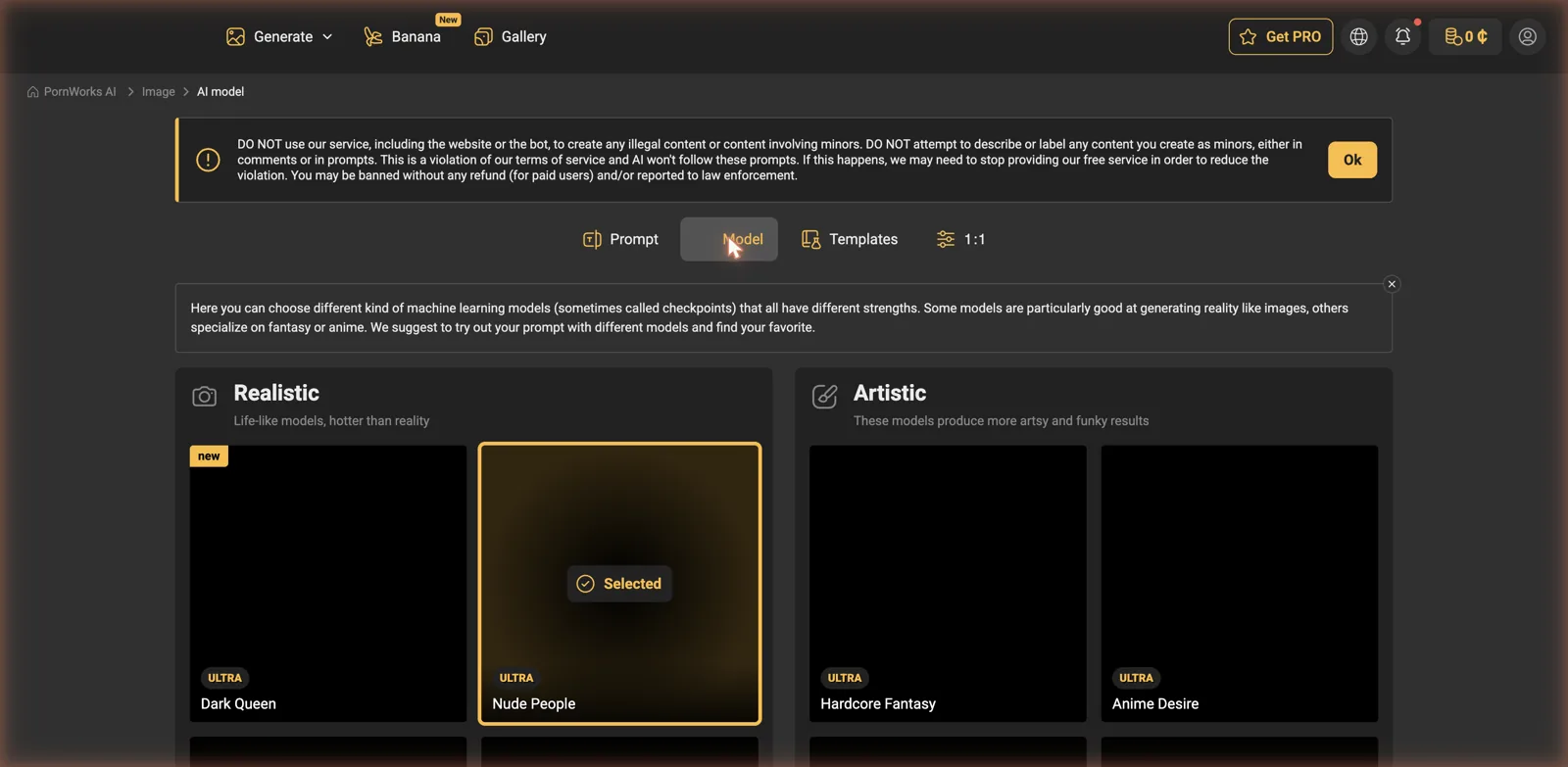 PornWorks model selection split into Realistic and Artistic families with ULTRA premium badges