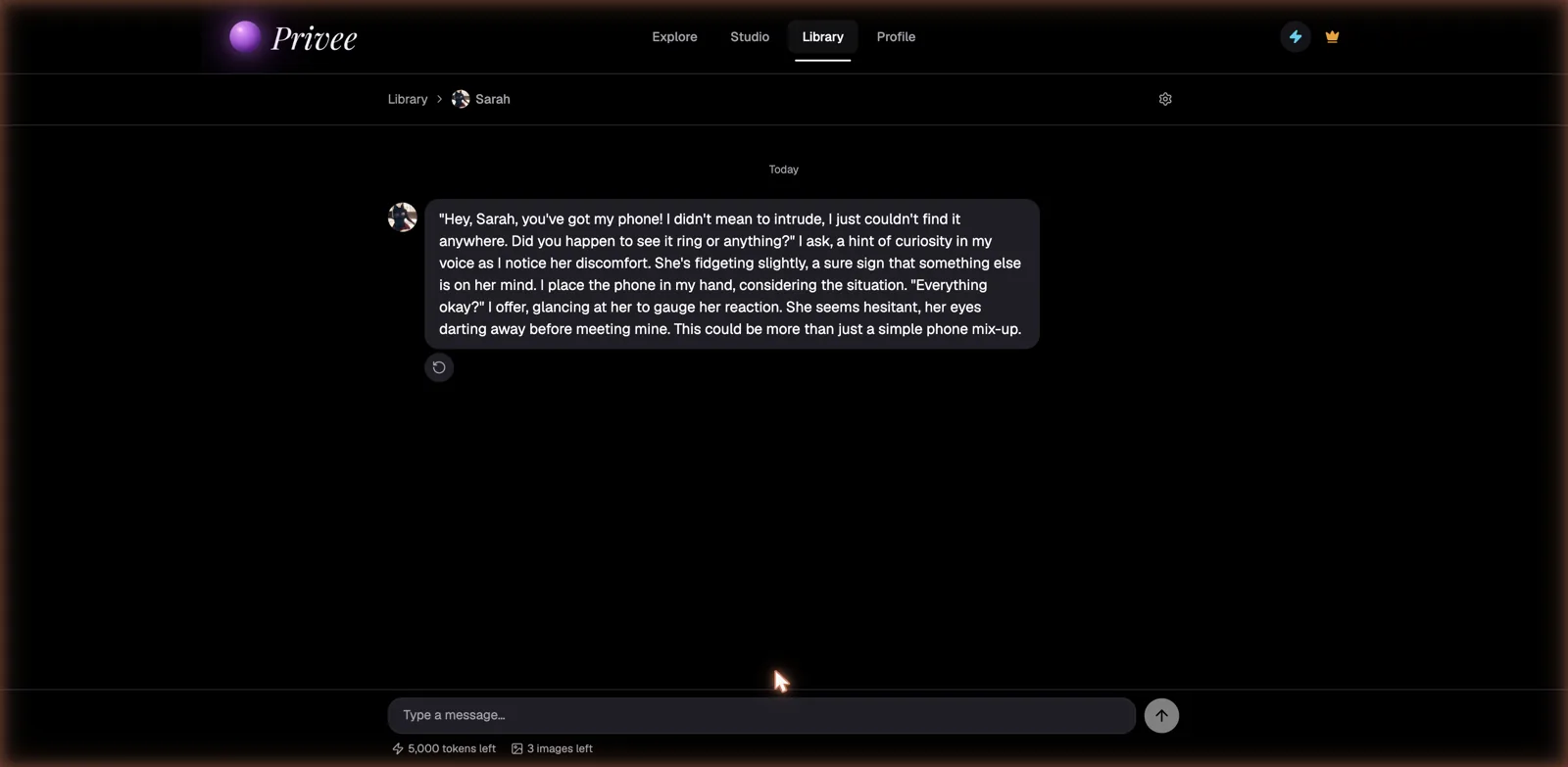 Privee AI chat with a character, showing narrated in-character dialogue and token and image counters
