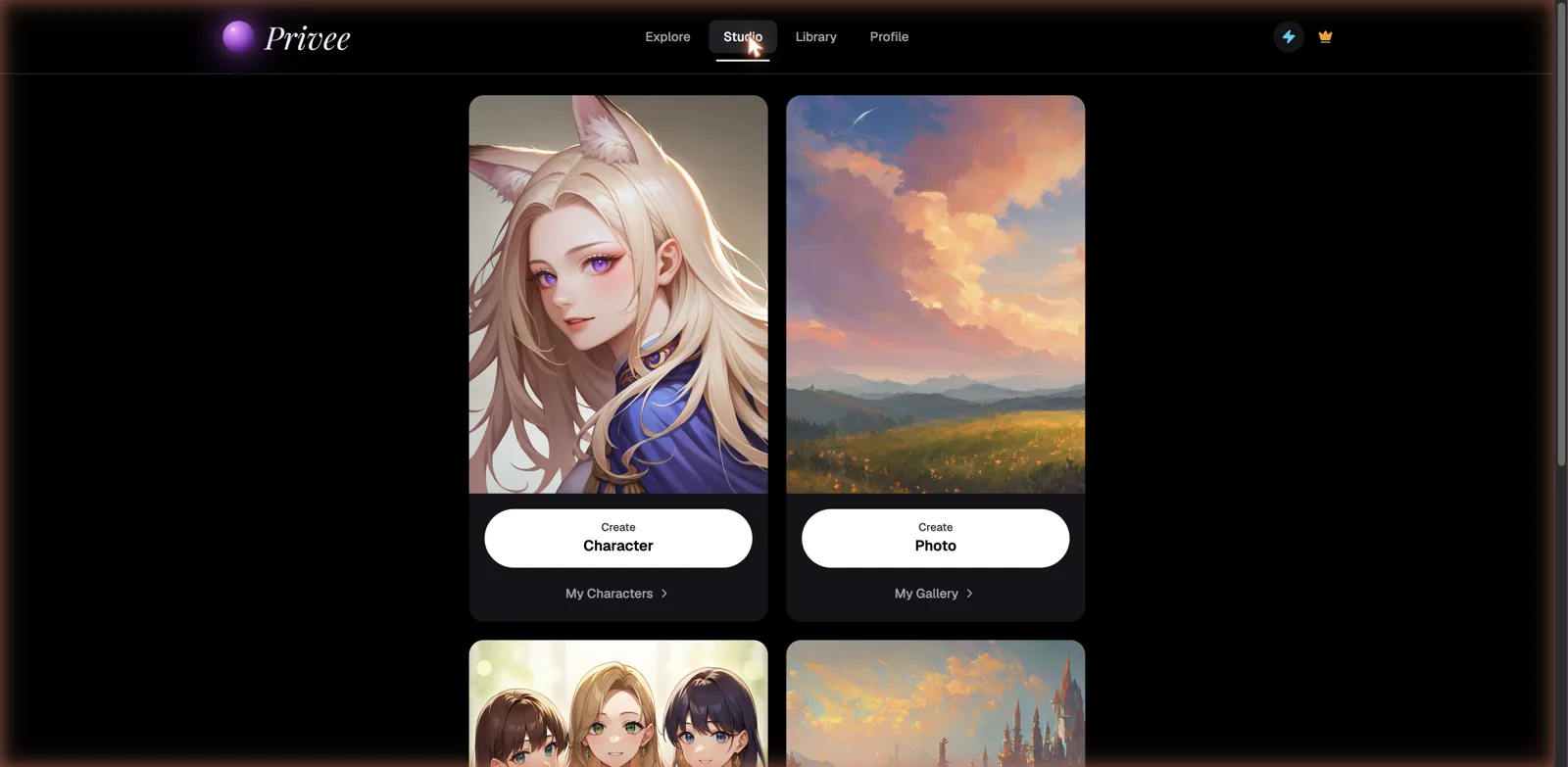 Privee AI Studio hub with options to create a character, generate a photo, and make groups