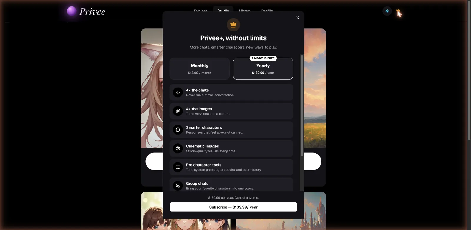 Privee AI character chat platform pricing screenshot