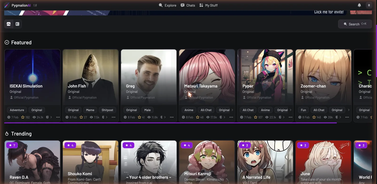 Pygmalion AI Explore page with community-made character cards