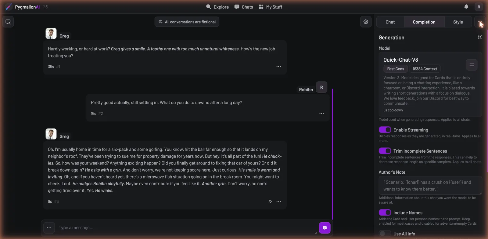 Pygmalion AI generation settings panel with model and author's note controls