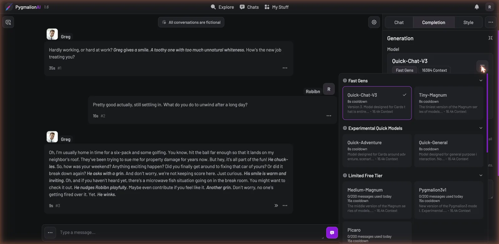 Pygmalion AI model selector showing free, limited, and premium model tiers