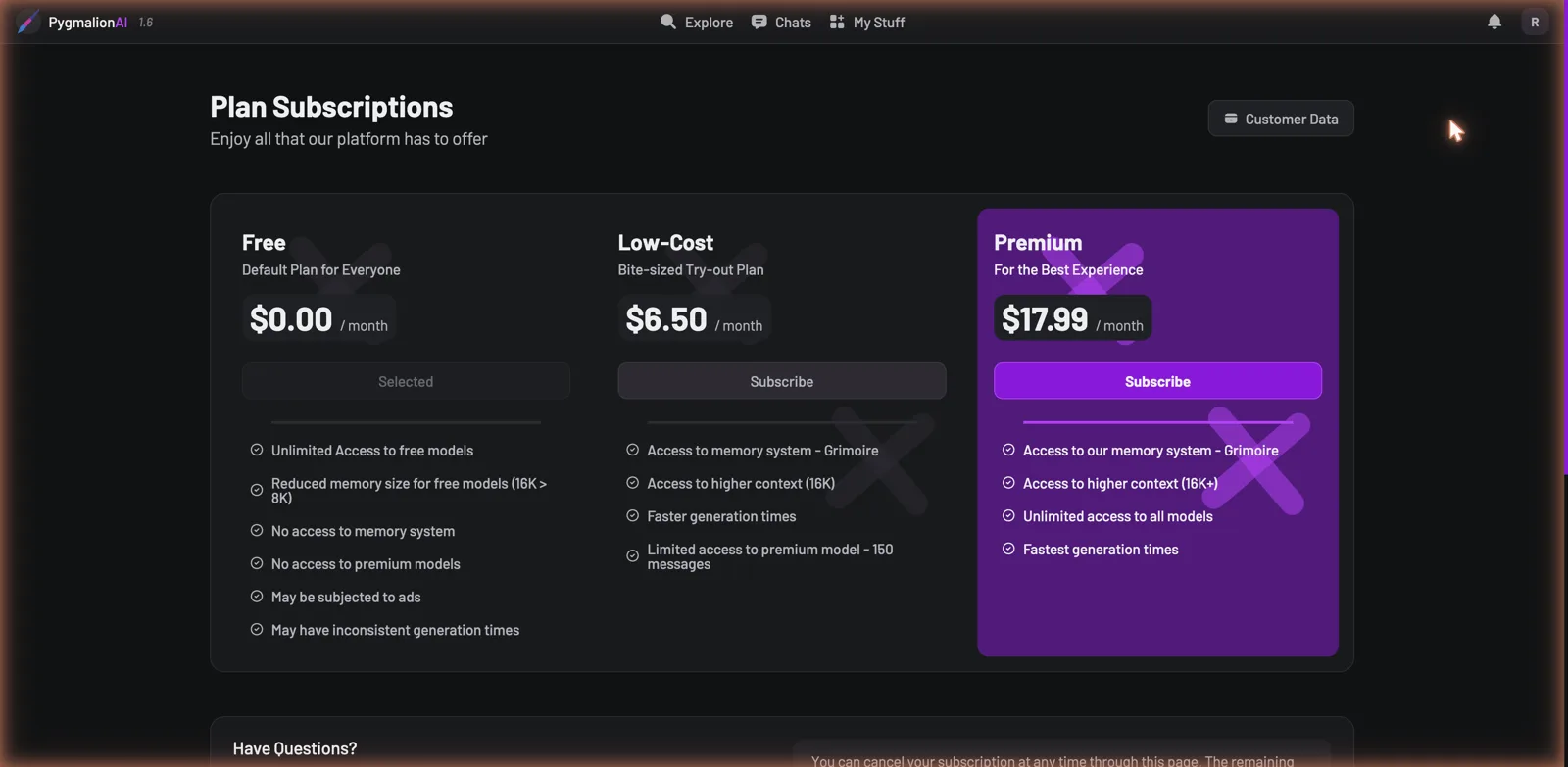 Pygmalion AI pricing tiers, Free, Low-Cost, and Premium