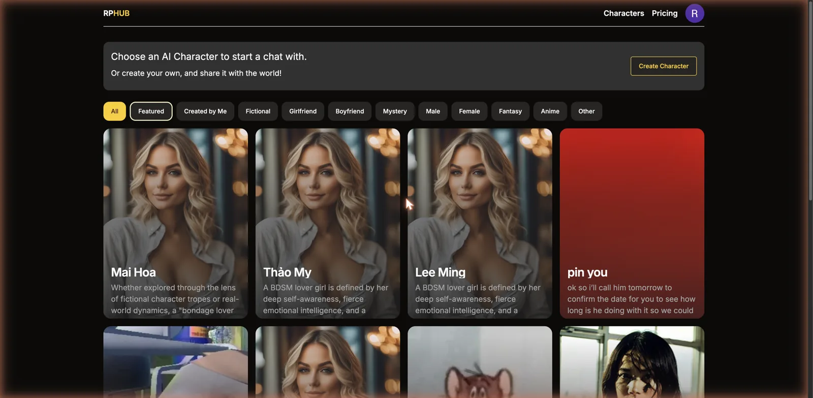 Role Play Hub character library with category filters (Girlfriend, Boyfriend, Fantasy, Anime and more) and community-made character cards