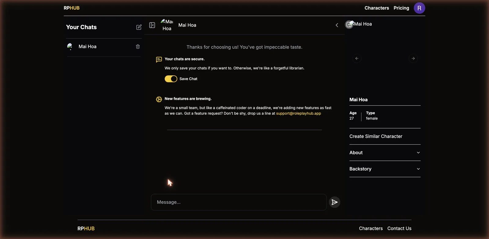 Role Play Hub chat interface screenshot