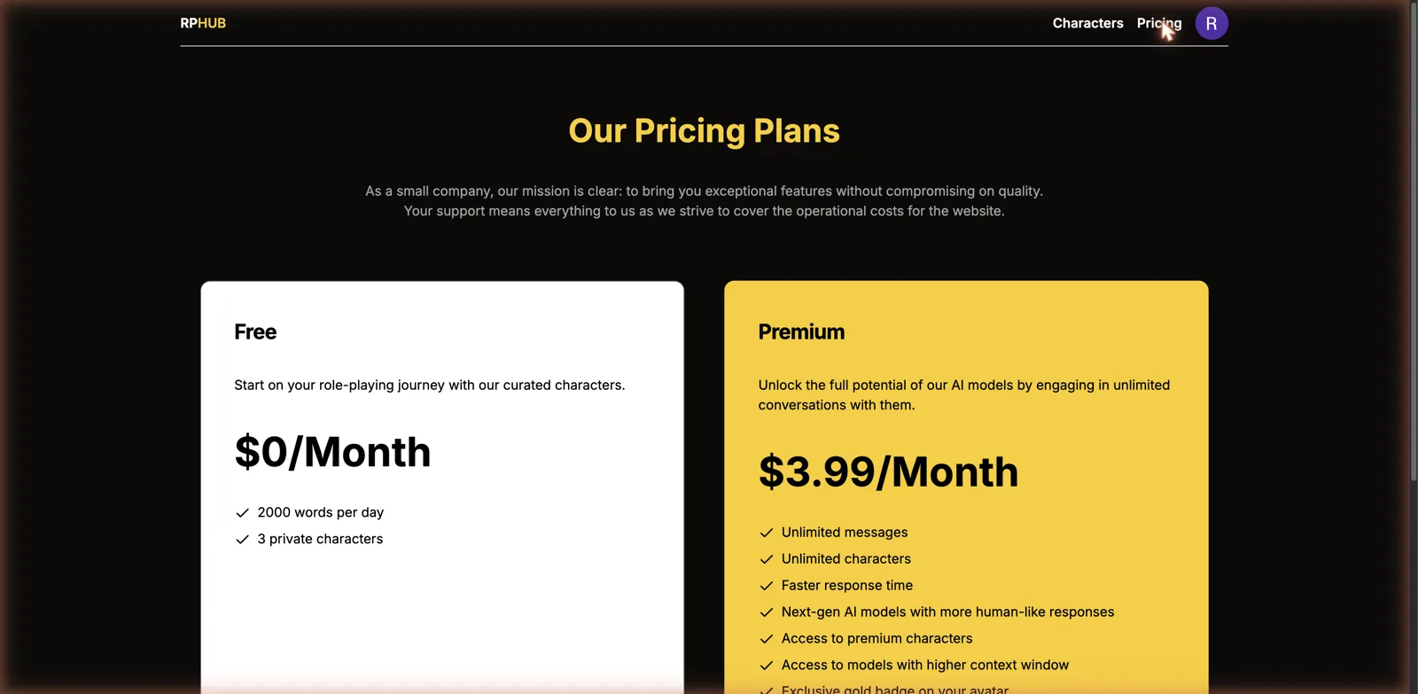 Role Play Hub single pricing tier screenshot