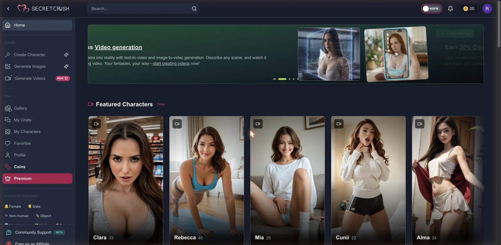 SecretCrush AI home page with featured characters and inclusive category types
