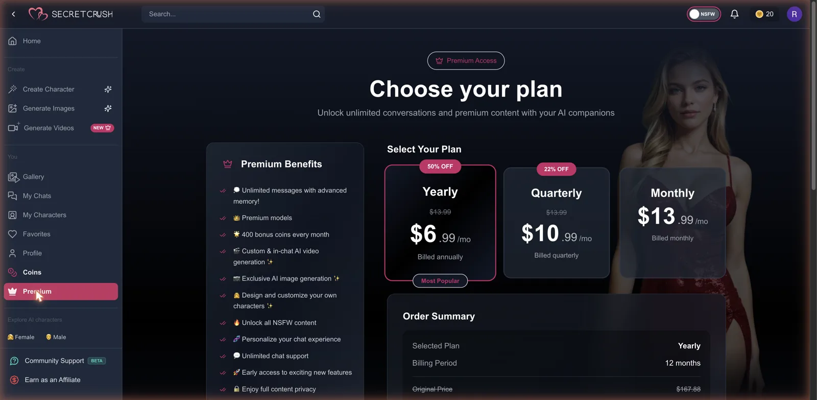 SecretCrush AI subscription pricing screen